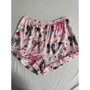 Pink Halloween Ghost Bow Pajama Set Short Sleeve Button Down Shorts Womens Large thumbnail 7