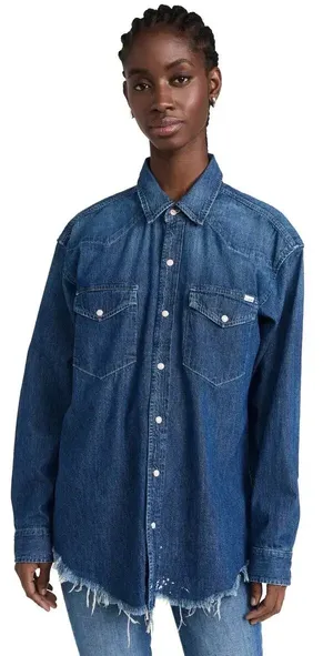 Mother The Western Cowgirl Blue Denim Jean Long Sleeve Button Raw Hem S thumbnail 1
