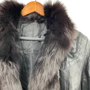 Vintage Leather Penny Lane Style Long Coat Black Real Fur Trim Womens Small thumbnail 6