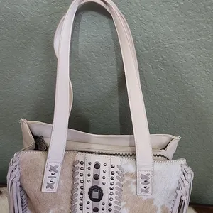 Neutral Cowhide Fringe Satchel Tote - Stylish Everyday Bag thumbnail 4