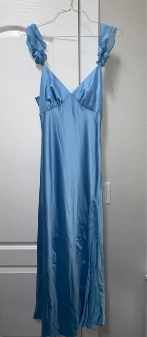 Beginning Boutique Sky Blue Satin Maxi with Ruffle Straps thumbnail 1