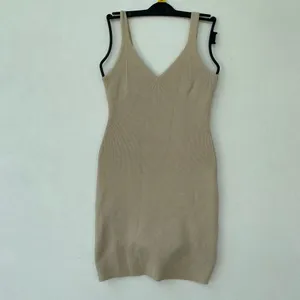 Abercrombie & Fitch S Beige Ribbed Knit Midi Dress V Neck Minimalist thumbnail 2