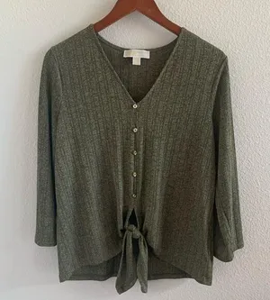 MICHAEL Michael Kors Tie Front Top Green Tone Button Front Contemporary Large thumbnail 1