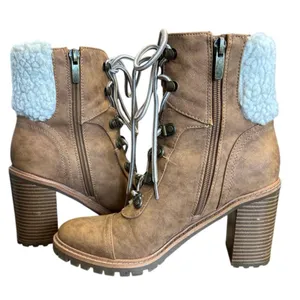 Nine WestUNISE Lace Up Ankle Boots Womens Size 7 Brown Faux Shearling Block Heel thumbnail 2