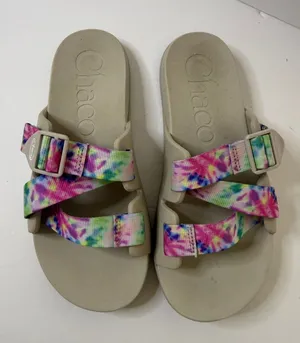 Chaco Neutral Footbed Slide Sandals with Pink, Green & Blue Tie-Dye Straps thumbnail 1