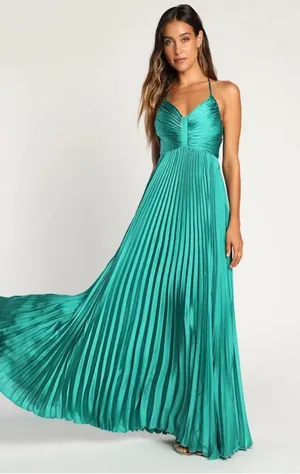 Lulus Green Pleated Satin Maxi Dress thumbnail 1