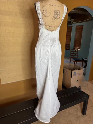 Vintage Jessica McClintock Bridal Gown White Satin Lace Neckline Train Size 6 thumbnail 4