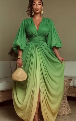 Elegant Green Ombre Maxi Dress with Bishop Sleeves thumbnail 1