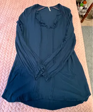 Free People Navy Blue Peasant Ruffled Long Sleeve Babydoll Tunic thumbnail 2
