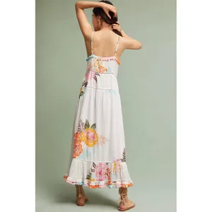 Anthropologie‎ FARM RIO Havana Floral Dress Midi Pom Poms Vacation Large Petite thumbnail 8