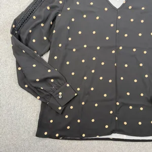 Ann Taylor Women's Medium Black Beige Polka Dot V-Neck Blouse Top Lace Trim New thumbnail 3