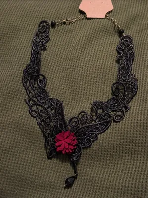 Goth Black Lace Choker Necklace with Red Flower Accent thumbnail 1