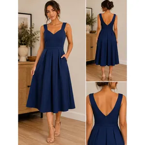 JJs House Navy Blue V-Neck A-Line Cocktail Dress with Pockets Midi Size S 415114 thumbnail 2