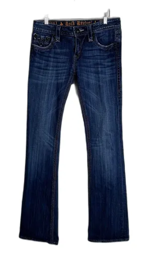 Rock‎ Revival Sara Boot Jeans Womens 29 Blue Dark Wash Embellished Bootcut Flap thumbnail 1