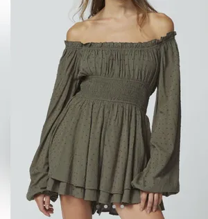 #13 NWOT Urban Outfitters Clip Dot Smocked Long Sleeve Romper in Olive thumbnail 4
