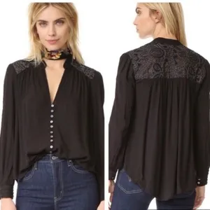 Free People Black Canyon Rose Hi-Lo Button Down Blouse Metallic Lace XS thumbnail 2