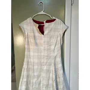 Women's Midi A-Line Dress White Beige Plaid Red Lined Split Neck Cap Sleeve Zip thumbnail 2