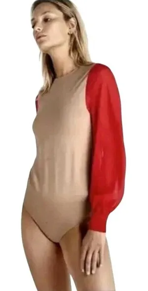 Wolford Bodysuit Women XS Tan‎ Red Sheer Sleeve Light Shadow Bodysuit Luxury thumbnail 1