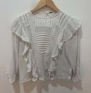 Free People Ivory Ruffle Lace‎ Gauze Blouse High Neck Boho Top Small thumbnail 1