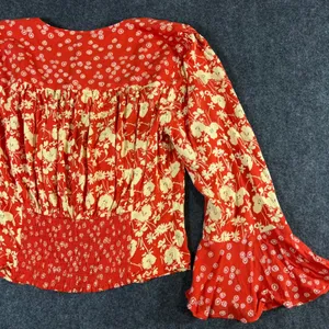 Free People Red Floral Mixed Print Blouse Flared Sleeve Smocked Back L Boho NWT thumbnail 12