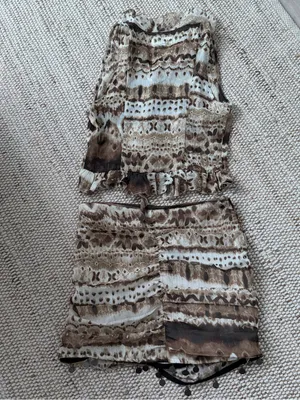 Zara brown and beige abstract pattern ruffled top & mini skirt size medium thumbnail 3