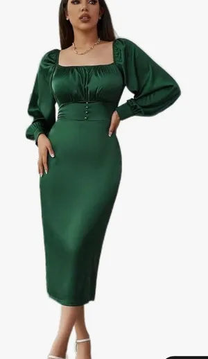 Elegant‎ Emerald Green Satin Midi Dress with Puff Sleeves thumbnail 1
