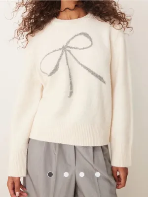 Abercrombie & Fitch crewneck knit sweater with bow in light grey small pullover thumbnail 1