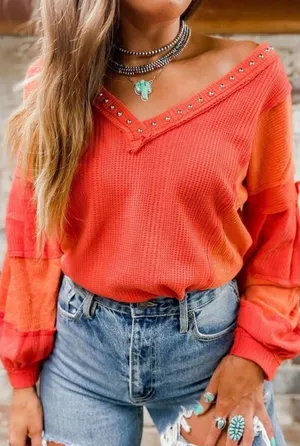 Charming Charlie sz L Women Studded Waffle VNeck Long Sleeve Top patchwork stitch thumbnail 1
