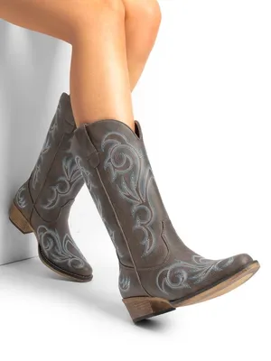 Brown Leather Western Boots with Blue Embroidery thumbnail 1