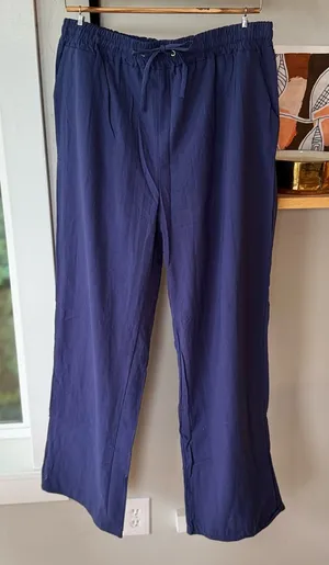 Navy Blue Cotton Linen Drawstring Waist Wide Leg Pants Size Large thumbnail 1