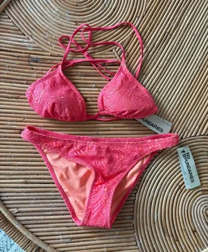 No Boundaries Coral-Orange & Hot Pink Crochet Bikini Set thumbnail 1