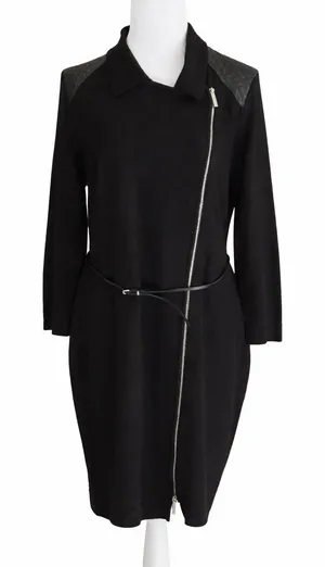 Calvin Klein Women's Size L Black‎ Asymmetric Zip Front Knit Dress Belted Waist thumbnail 1