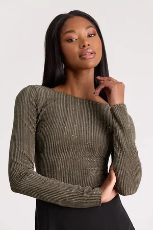 Lulus Olive Green Sparkle Low Back Long Sleeve Top Size XS NEW With Tags thumbnail 1