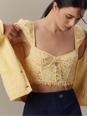 Anthropologie Puff-Sleeve Yellow Eyelet Corset Top thumbnail 4