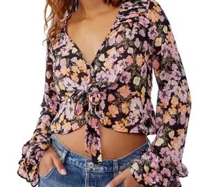 Free People Maybel Sz L Black Floral Cottagecore Fairy Blouse Top‎ Ruffles Flowy thumbnail 1