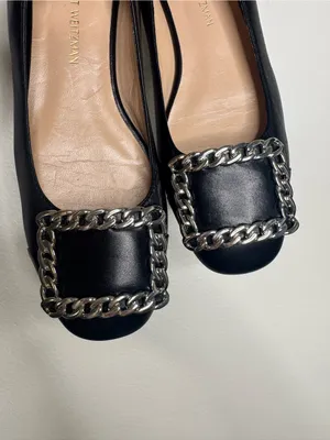 Stuart Weitzman Black Leather Chain-Trim Ballet Flats Shoes thumbnail 4