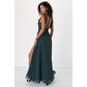 NWT Lulus Dreamy Admiration Emerald Green Ruffled Maxi Dress Bridesmaid Size L thumbnail 3