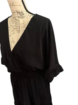 SHEIN Black V-Neck Smocked Waist Ruffle Hem Mini Dress thumbnail 4
