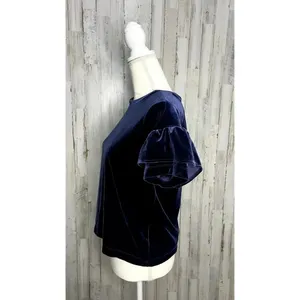 Madewell Women's XS Blue Velvet Ruffle‎ Sleeve Tee Casual Fall Top thumbnail 7