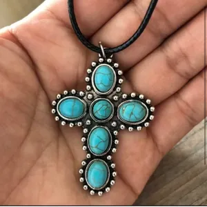 Southwest Turquoise Cross Pendant Necklace Silver Tone Boho Western thumbnail 3