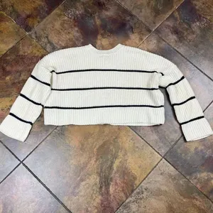 Moon & Madison Cream Black Striped Cropped Pullover Sweater Medium thumbnail 8