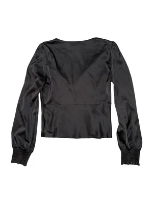 Lulus Black Satin Long Sleeve V Neck Blouse Top Size M Puff Sleeve Side Zip thumbnail 2