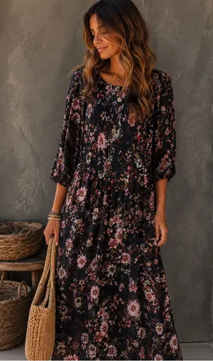 ECI New York Womens Black Floral Smocked Bell Sleeve Maxi Dress Size‎ S thumbnail 1