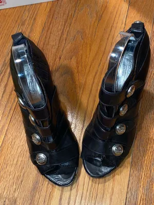 Coach Black Leather Peep Toe Button Gladiator Heels thumbnail 1