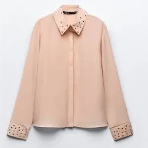 Zara Button Down Blouse Women XS Pink Rhinestone Studded Collar Cuff 3564/194‎ thumbnail 1