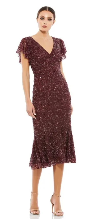 Mac Duggal Sequin V Neck Flutter Cap Sleeve Trumpet Dress Garnet‎ NWT thumbnail 1