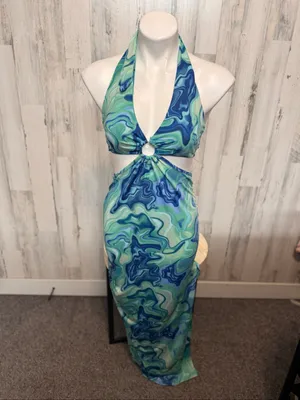 Haute Monde Cutout Maxi Dress Womens Small Blue Green Swirl O-Ring Halter Neck thumbnail 10