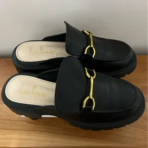 Women's Lulus Ranae Black Slide On Loafers Black Gold‎ Horsebit Hardware Size 10 thumbnail 5