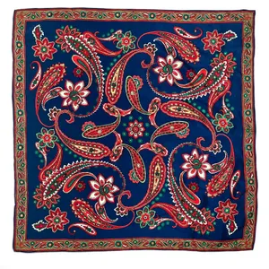 Vintage Gilded Crepe de Chine Blue Paisley Floral Silk Square Scarf Neckerchief thumbnail 1