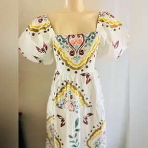 Meadow Rhodes Boutique Boho Maxi Dress 100% Cotton Puff Sleeve Smocked size M thumbnail 5